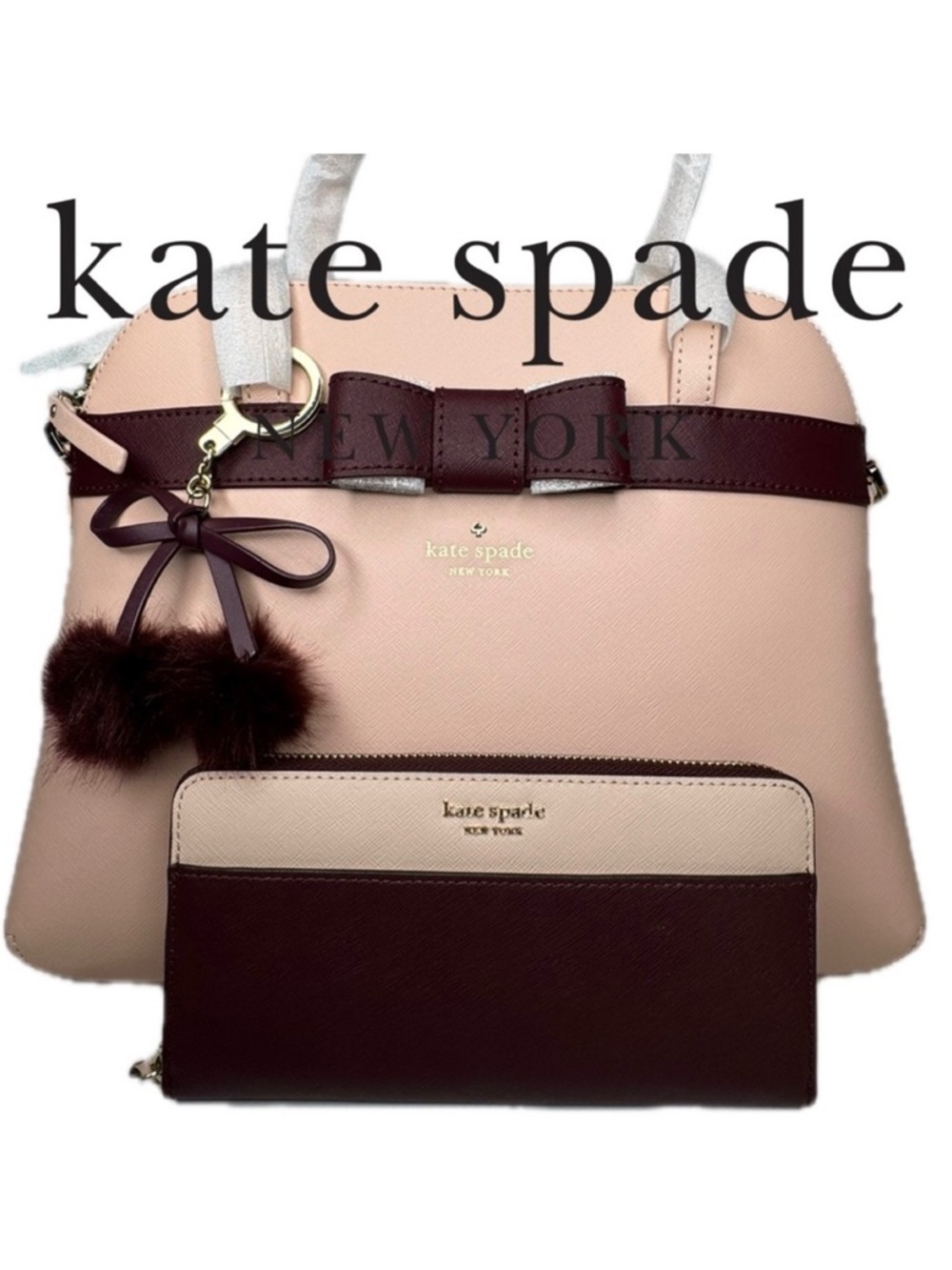 Kate Spade Kirk Park Saffiano Julita Satchel Bag Cameron Wallet Pom Pom Keychain